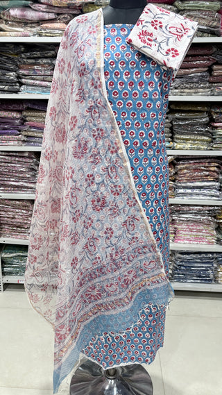 Cotton Handblock Office Wear Suit fabric with Kota doria Dupatta