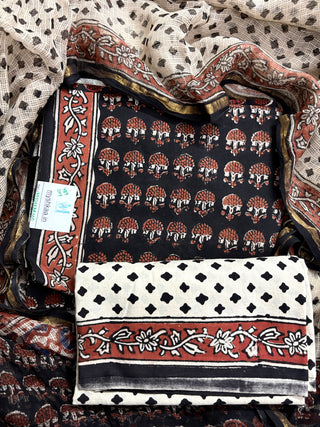 Black color Handblock Office Wear Suit fabric with Kota doria Dupatta
