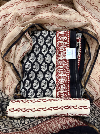 Black color Handblock Office Wear Suit fabric with Kota doria Dupatta