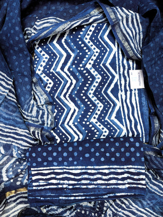 Cotton Dabu Indigo Handblock Office Wear Suit fabric with Kota doria Dupatta
