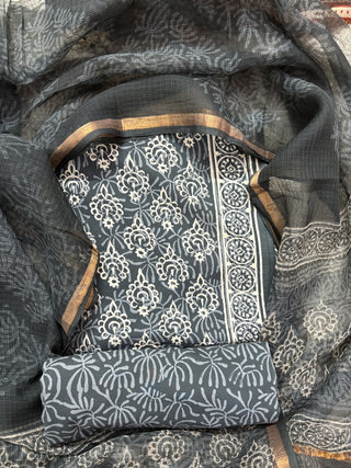 Gray color Handblock Office Wear Suit fabric with Kota doria Dupatta