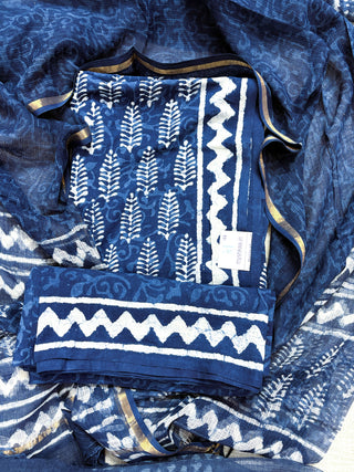 Cotton Dabu Indigo Handblock Office Wear Suit fabric with Kota doria Dupatta