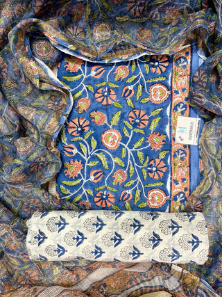 Blue Cotton Handblock Office Wear Suit fabric with Kota Doria Dupatta