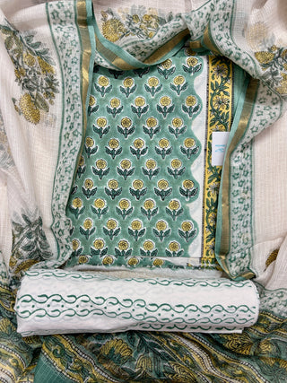 Green Cotton Handblock Office Wear Suit fabric with Kota Doria Dupatta