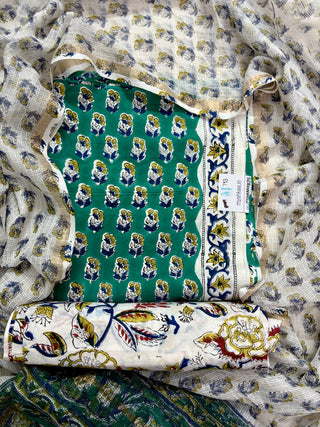 Green Cotton Handblock Office Wear Suit fabric with Kota Doria Dupatta