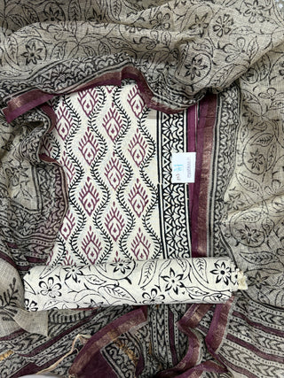 Beige Cotton Handblock Office Wear Suit fabric with Kota Doria Dupatta