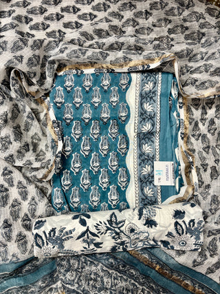 Blue Cotton Handblock Office Wear Suit fabric with Kota Doria Dupatta