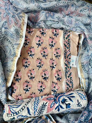 Peach Cotton Handblock Office Wear Suit fabric with Kota Doria Dupatta