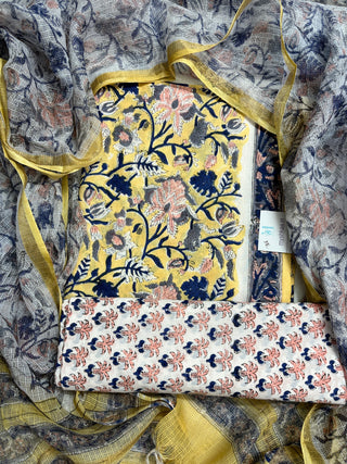 Light Yellow Cotton Handblock Office Wear Suit fabric with Kota Doria Dupatta