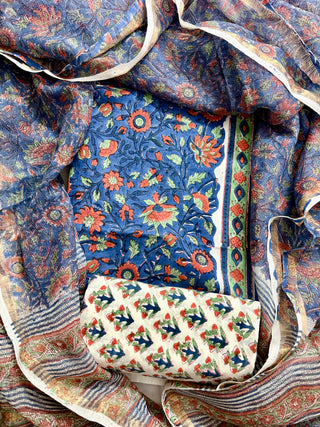 Blue Cotton Handblock Office Wear Suit fabric with Kota Doria Dupatta
