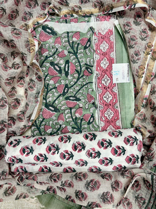 Light Green Cotton Handblock Office Wear Suit fabric with Kota Doria Dupatta