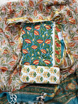 Handblock Cotton Suit Material with Kota Doria Dupatta