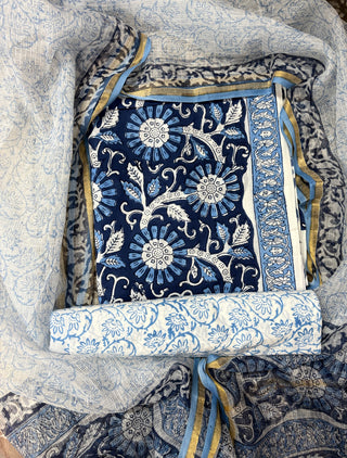 Blue Cotton Kalamkari Handblock Office Wear Suit fabric with Kota doria Dupatta