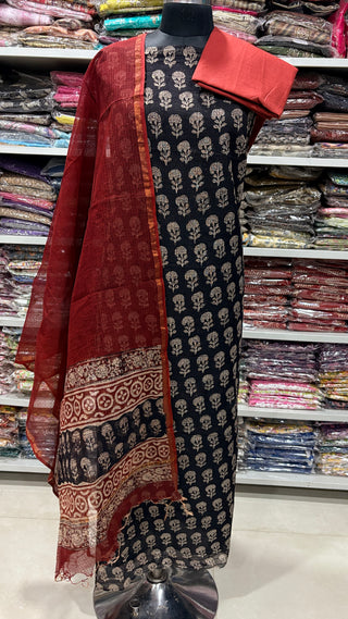 Print Hand block kota doria suit set for office wear (with extra lining included)
