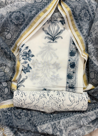 Cotton Handblock Office Wear Suit fabric with Kota Doria Dupatta