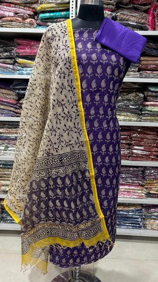 Print Hand block kota doria suit set for office wear (with extra lining included)