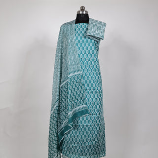 Sea Green Block Print Cotton Handloom Office Wear Suit Fabric