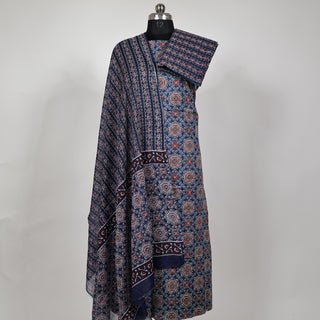 Blue Ajrakh Block Print Cotton Handloom Office Wear Suit Fabric