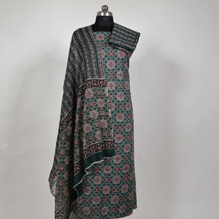 Dark Green Ajrakh Block Print Cotton Handloom Office Wear Suit Fabric