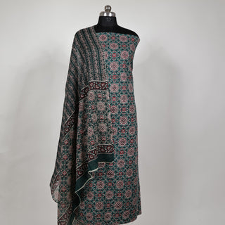 Dark Green Ajrakh Block Print Cotton Handloom Office Wear Suit Fabric