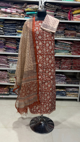 Cotton Handblock Office Wear Suit fabric with Kota doria Dupatta