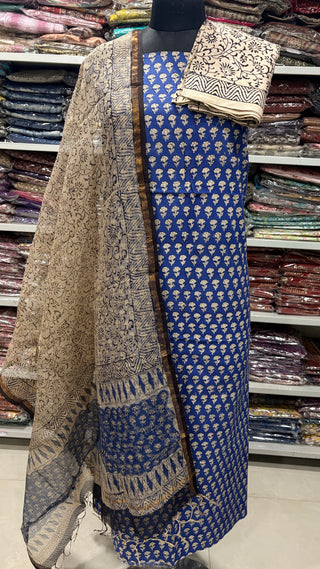 Cotton Handblock Office Wear Suit fabric with Kota doria Dupatta