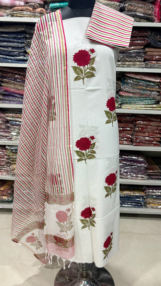 Cotton Handblock Office Wear Suit fabric with Kota doria Dupatta