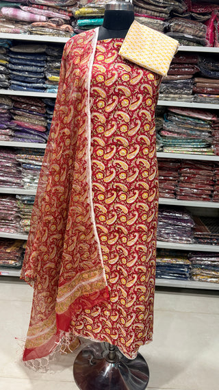 Premium Cotton Block Print Office Wear Suit fabric with Kota Doria Dupatta (44 inch width) and Heavy Bottom