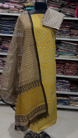 Cotton Handblock Office Wear Suit fabric with Kota doria Dupatta