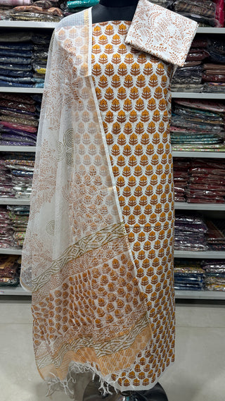 Cotton Handblock Office Wear Suit fabric with Kota doria Dupatta