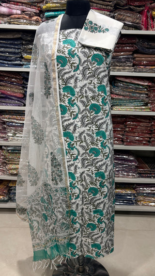 Cotton Handblock Office Wear Suit fabric with Kota doria Dupatta