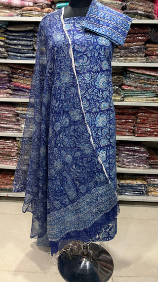 Premium Cotton Block Print Office Wear Suit fabric with Kota Doria Dupatta (44 inch width) and Heavy Bottom 2286