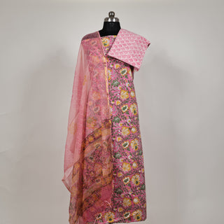 Pink Cotton Kalamkari Handblock Office Wear Suit fabric with Kota doria Dupatta