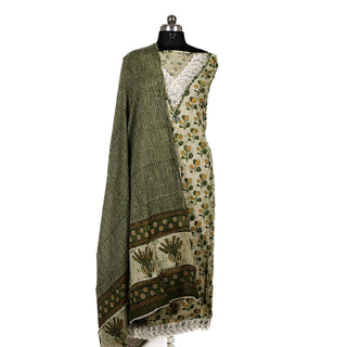 Light Green Cotton Handloom Office Wear Suit with Lace on Neck