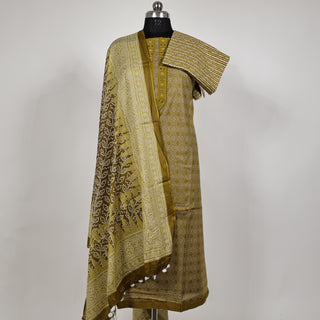 Olive Green Pure Cotton Suit with Neck Strip and Mul Dupatta