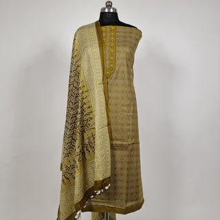 Olive Green Pure Cotton Suit with Neck Strip and Mul Dupatta