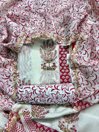 White Handblock Chanderi Suit Material with Chanderi Dupatta