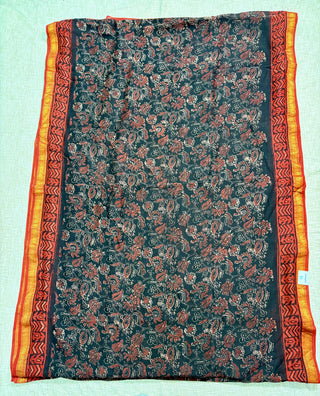 Ajrakh Print Handblock Maheshwari Silk Saree with Unstitched Blouse Piece