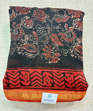 Ajrakh Print Handblock Maheshwari Silk Saree with Unstitched Blouse Piece