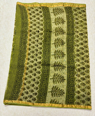 Vanaspati Ajrakh Hand Block Print Kota Doria Cotton Saree with zari border and unstitched Blouse Piece