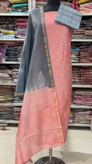 Handblock Chanderi Suit Material with Chanderi Dupatta(Lining Included)