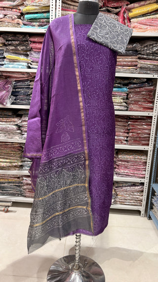 Handblock Chanderi Suit Material with Chanderi Dupatta(Lining Included)