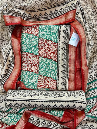 Green Red Combination Handblock Maheshwari Suit Material with Maheshwari Dupatta