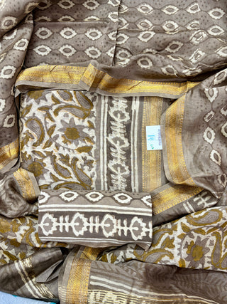 Vanaspati Ajrakh Handblock Maheshwari Suit Material with Maheshwari Dupatta