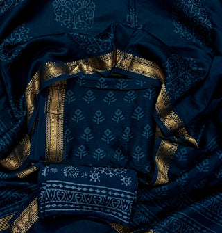 Dark Blue Handblock Maheshwari Suit Material with Maheshwari Dupatta