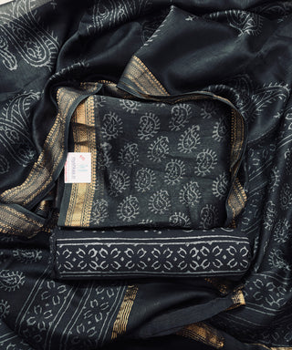 Dark Green Handblock Maheshwari Suit Material with Maheshwari Dupatta