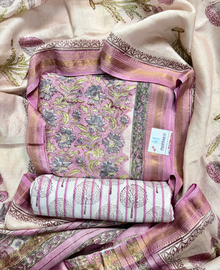 Pink Handblock Maheshwari Suit Material with Maheshwari Dupatta