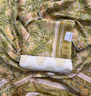 Pista Green Handblock Maheshwari Suit Material with Maheshwari Dupatta