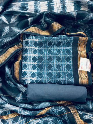 Needle Shibori Handblock Maheshwari Suit Material with Maheshwari Dupatta