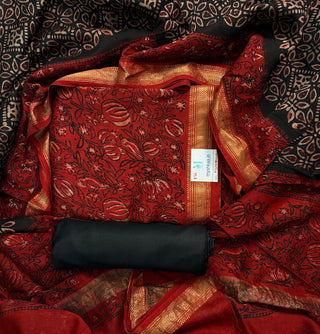Red Ajrakh Handblock Maheshwari Top Material with Maheshwari Dupatta